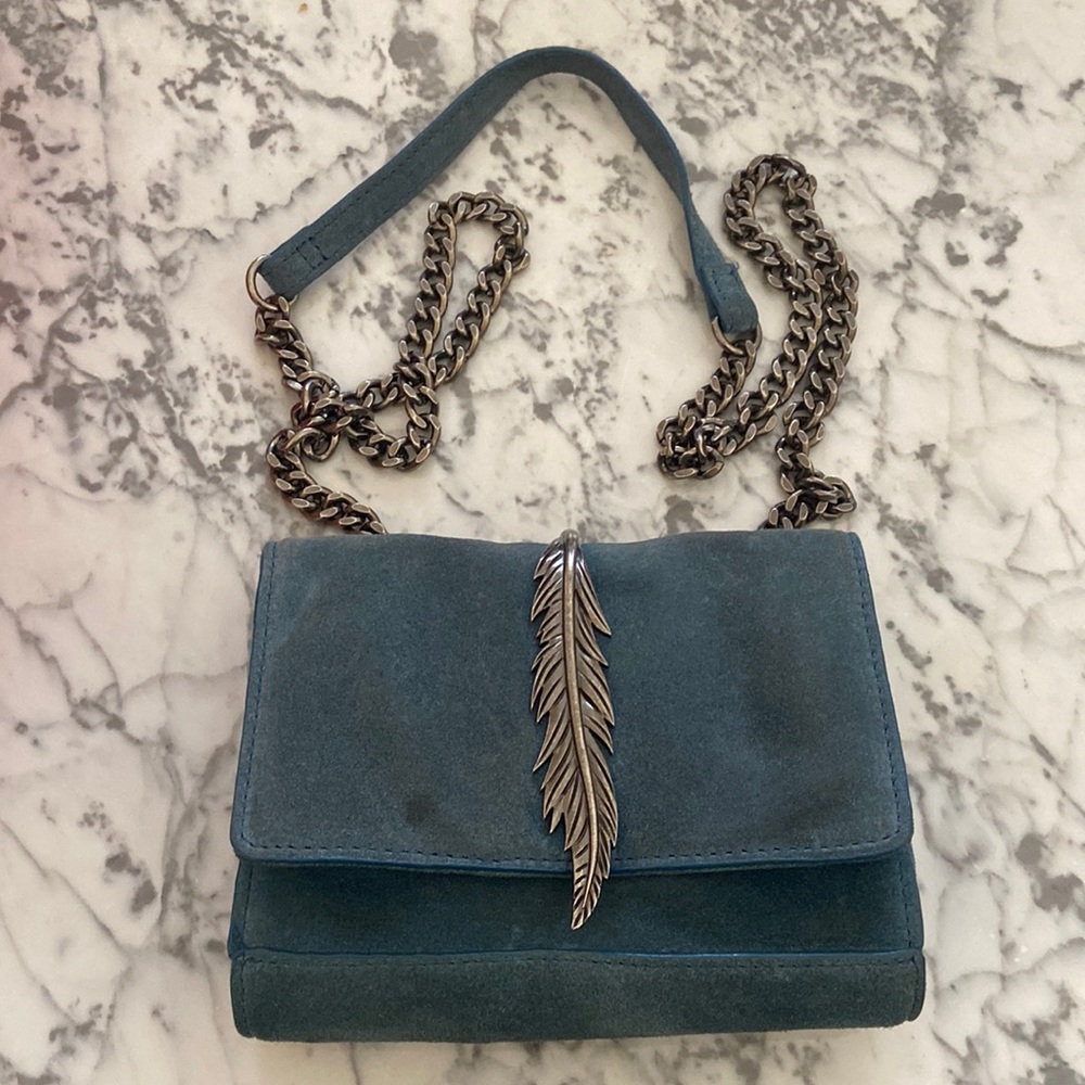 Zara Blue Suede Feather Detail Crossbody